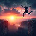 Man jump through the gap between hill. man jumping over cliff Royalty Free Stock Photo