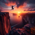 Man jump through the gap between hill. man jumping over cliff Royalty Free Stock Photo