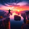 Man jump through the gap between hill. man jumping over cliff Royalty Free Stock Photo