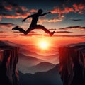 Man jump through the gap between hill. man jumping over cliff Royalty Free Stock Photo