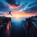 Man jump through the gap between hill. man jumping over cliff Royalty Free Stock Photo