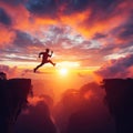 Man jump through the gap between hill. man jumping over cliff Royalty Free Stock Photo