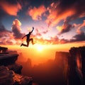 Man jump through the gap between hill. man jumping over cliff Royalty Free Stock Photo