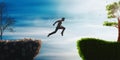 Man jump through the gap between hill. Man jumping over cliff on sunset background. Business concept idea. 3d rendering Royalty Free Stock Photo