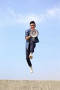 Man jump and shout megaphone Royalty Free Stock Photo