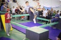 Man in jump on 5th parkour contest to move Royalty Free Stock Photo