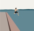 Man jump to lake water having fun during vacation. Vector illustration.