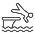 Man jump in water line icon, Aquapark concept, swimmer jumping from starting block to pool sign on white background Royalty Free Stock Photo