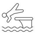 Man jump in water thin line icon, Aquapark concept, swimmer jumping from starting block to pool sign on white background Royalty Free Stock Photo