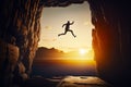 Man jumping into the air from cave into the ocean at sunset. Generative AI