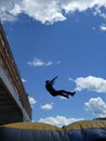 Man jumping down to the Inflatable Rescue Cushion also known as a Jump Cushion or Air Cushion