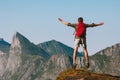 Man jumping on mountain cliff travel active healthy lifestyle outdoor Royalty Free Stock Photo