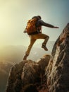 Man jumping off a cliff with a backpack Royalty Free Stock Photo