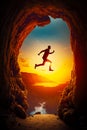 Man is jumping out of cave into river as the sun sets. Generative AI