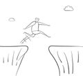 Man jumping over abyss, hand-drawn vector illustration. Black outlines, white Royalty Free Stock Photo