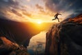 Man jumping over the rock in the mountains at sunset. Crazy dangerous parkour over the cliff. River at backdrop. Generative AI