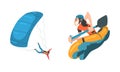 Man Jumping with Parachute and Canoeing Engaged in Extreme Sport Activity Vector Set