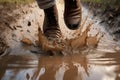 Man jumping in a puddle, splashes of dirty water. High angle view, only legs visible. AI generative image