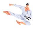 Man Jumping Side Kick, Male Karate Fighter Character in White Kimono Practicing Traditional Japan Martial Art Cartoon Royalty Free Stock Photo