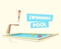 Man jumping. Swimming pool with a diving board. Cartoon Vector illustration