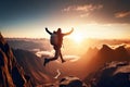 A Man Jumps Merrily in The Mountains, A Beautiful Landscape, A Happy Tourist, Generative AI Illustration Royalty Free Stock Photo