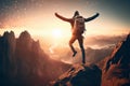 A Man Jumps Merrily, A Beautiful Landscape, A Happy Tourist, Hiking, Generative AI Illustration Royalty Free Stock Photo