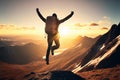 A Man Jumps in The Mountains, A Beautiful Landscape, A Happy Tourist, Hiking, Generative AI Illustration Royalty Free Stock Photo