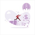 A man jumps off a cliff to catch a dollar sign flying in a hot air balloon. Work tirelessly. Royalty Free Stock Photo
