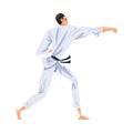 Man Karateka Doing Karate, Male Fighter Character in White Kimono Practicing Traditional Japan Martial Art Cartoon Style Royalty Free Stock Photo