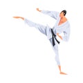 Man Karateka Doing Side Leg Kick, Male Karate Fighter Character in White Kimono Practicing Traditional Japan Martial Art Royalty Free Stock Photo