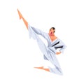 Man Karateka Doing Swing Kick, Male Karate Fighter Character in White Kimono Practicing Traditional Japan Martial Art