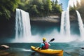 Man kayaking in front of a waterfall in the forest.AI Generated Royalty Free Stock Photo