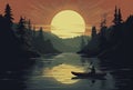 Man kayaking on the lake at sunrise or sunset. Illustration Royalty Free Stock Photo