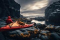 Man kayaking on the rocky shore of the Atlantic ocean in Iceland, Red kayak and man camping on coastal rocks, AI Generated