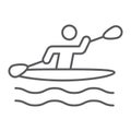 Man kayaking thin line icon, sport and rowing, canoeing sign, vector graphics, a linear pattern on a white background.