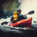 Man kayaking in whitewater surrounded by rocks, adventure and active sport on the river, generative AI