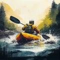 Man kayaking in whitewater surrounded by rocks and forest, adventure and active sport on the river, generative AI