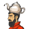 Man with kettle teapot hat color sketch vector