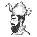 Man with kettle teapot hat engraving style vector