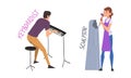 Man Keyboardist Playing Keyboard and Woman Sculptor Hammering Stone Having Creative Profession Vector Set