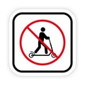 Man on Kick Scooter Ban Black Silhouette Icon. Forbidden Person on Trotinette Pictogram. Male Push Wheel Stop Symbol