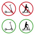 Man on Kick Scooter Forbidden Pictogram. Permit Person on Trotinette Green Circle Symbol. No Allowed Push Wheel Sign