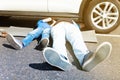 Father teaching son doing car maintenance work Royalty Free Stock Photo