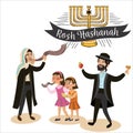 Man and kids girls blowing Shofar horn for the Jewish New Year, Rosh Hashanah holiday in traditional clothes holding