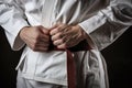 Man in kimono with red belt in martial arts training, Fighter tightening karate belt, top section cropped, AI Generated Royalty Free Stock Photo