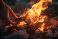 Man kindles a bonfire, balefire, fire and flames, illustration. Generative AI