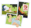Man kindles bonfire in forest. Firefighter warns of fire. Illustration for internet and mobile website Royalty Free Stock Photo