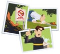 Man kindles bonfire in forest. Firefighter warns of fire. Illustration for internet and mobile website Royalty Free Stock Photo