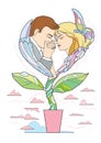 Man kisses woman`s hand showing love, respect or following. Heart shape in flower pot. Vector illustration isolated on white