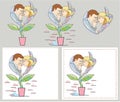 Man kisses woman`s hand showing love, respect or following. Heart shape in flower pot. Vector illustration isolated on white